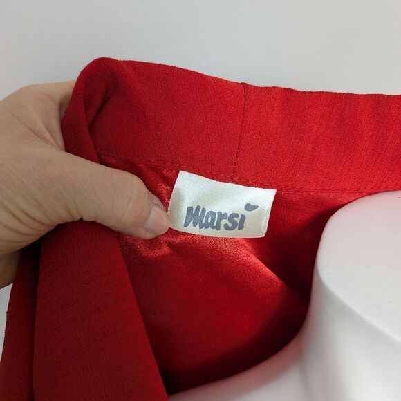 Vintage RedâFaux Wrap Midi Dress Womenâs XL Cinched Waist Shoulder Pads - Picture 6 of 10